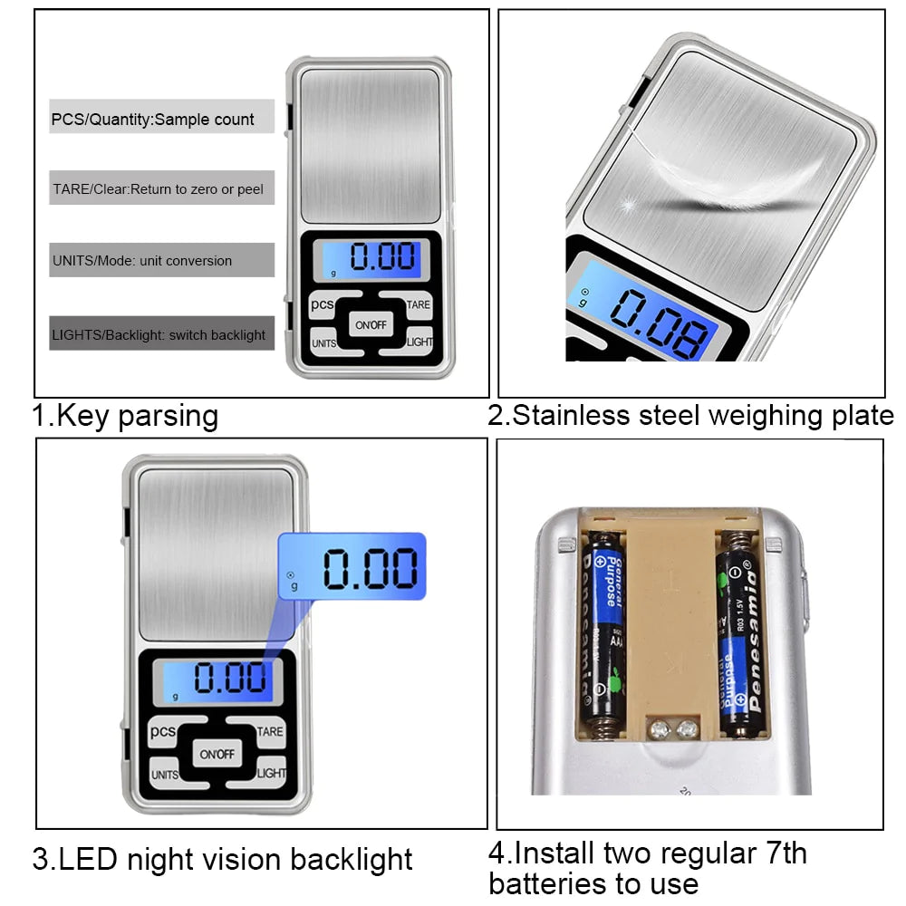 Mini Pocket Digital Scale 100/200/300/500g 0.01/0.1g, High Accuracy, Backlight